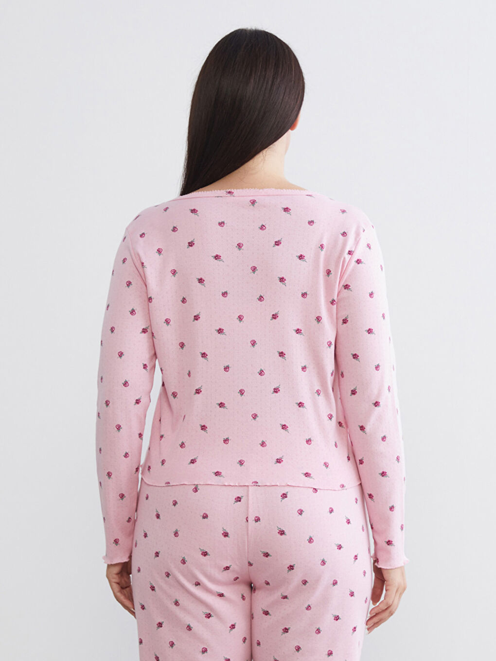 Pembe Büyük Beden U Yaka Çiçekli Kadın Pijama Üstü-2