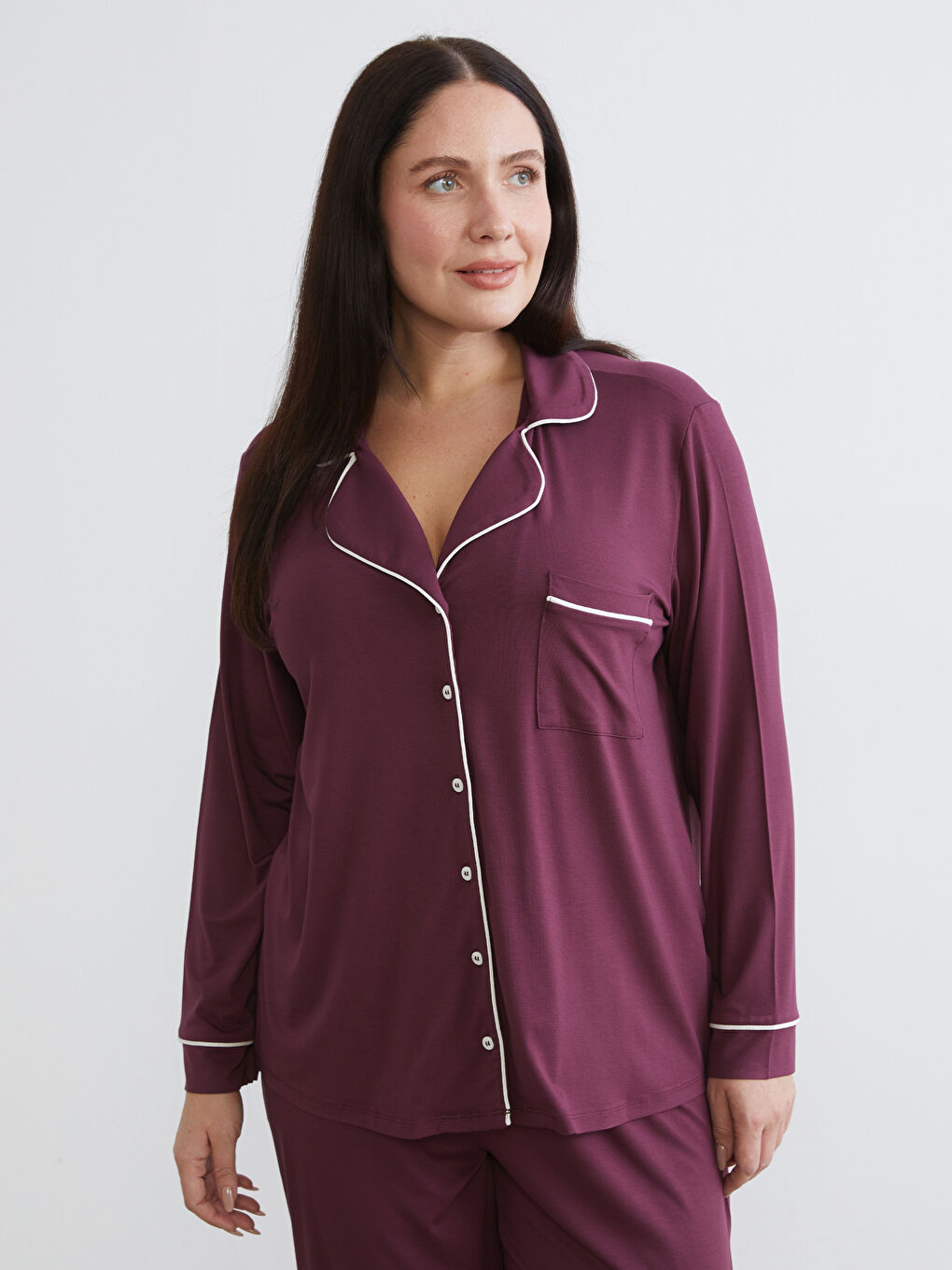 Mürdüm Büyük Beden Gömlek Yaka Kadın Pijama Takımı-1