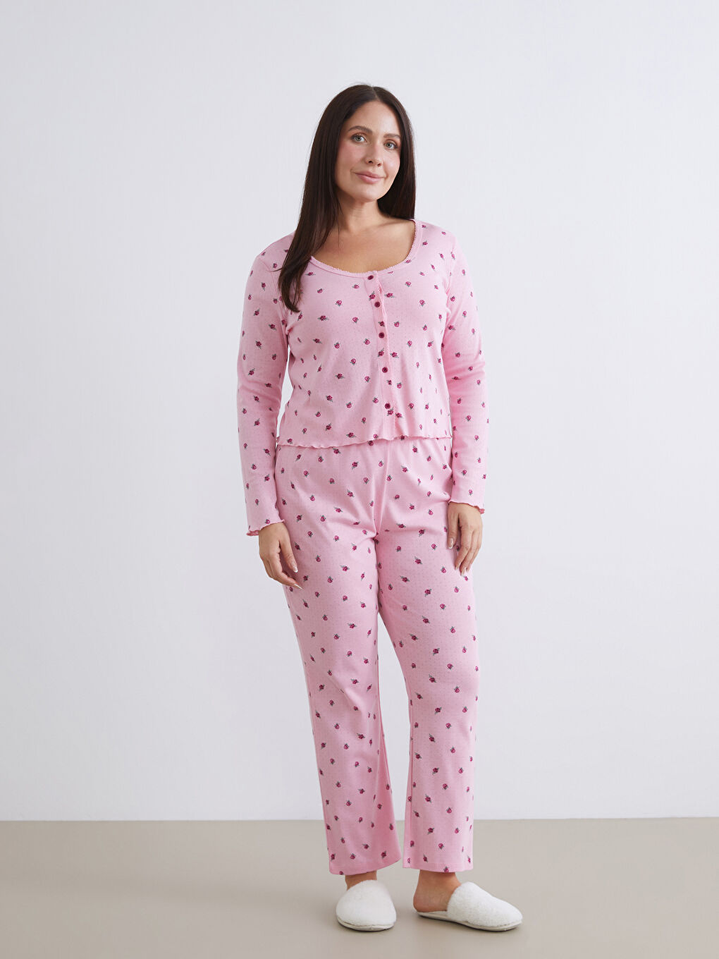Pembe Büyük Beden Çiçekli Kadın Pijama Altı