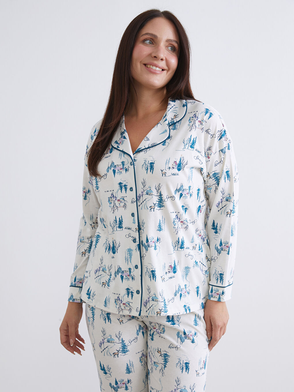 Ekru Büyük Beden Gömlek Yaka Kadın Pijama Takımı