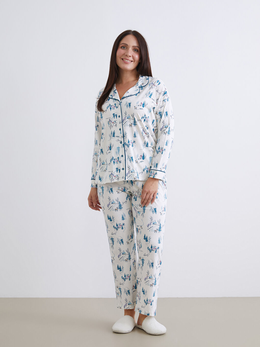 Ekru Büyük Beden Gömlek Yaka Kadın Pijama Takımı-1