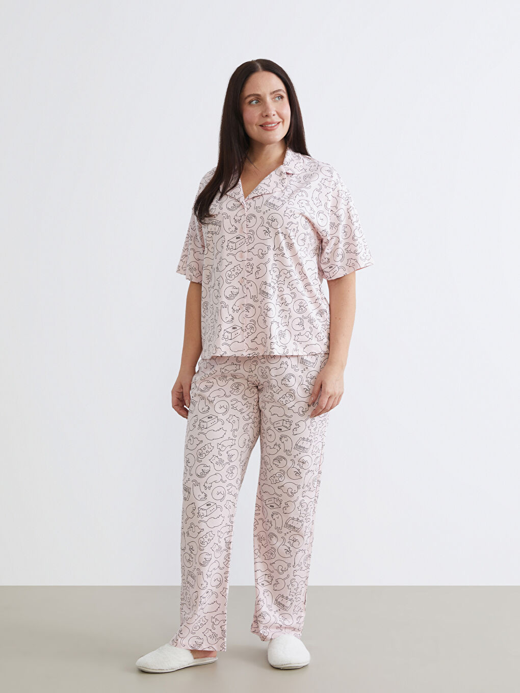 Pembe Büyük Beden Gömlek Yaka Kadın Pijama Takımı-1