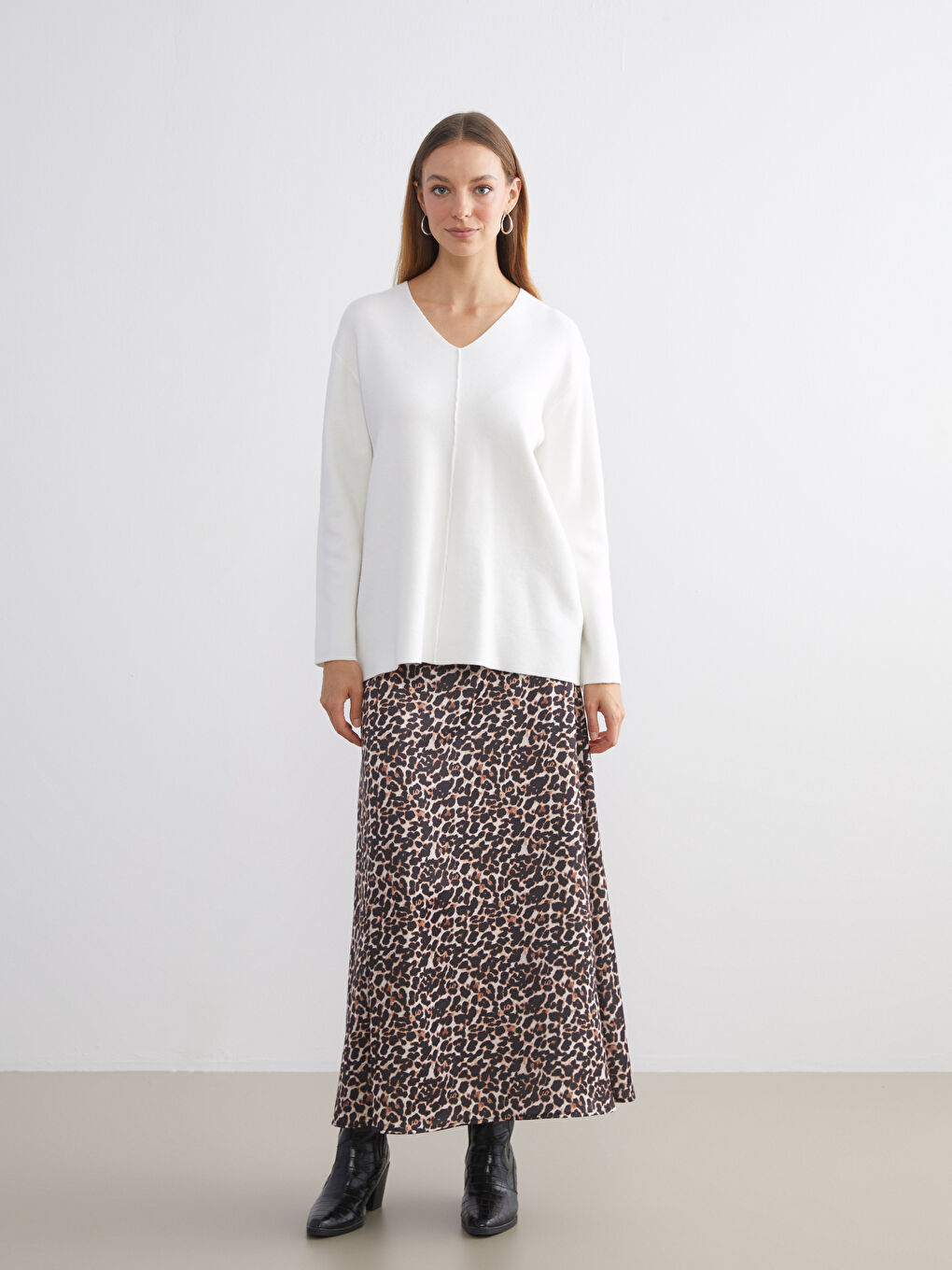 Kahverengi Beli Fermuarlı Leopar Desenli A Kesim Etek
