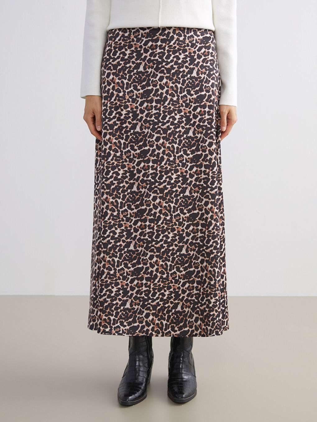 Kahverengi Beli Fermuarlı Leopar Desenli A Kesim Etek-1