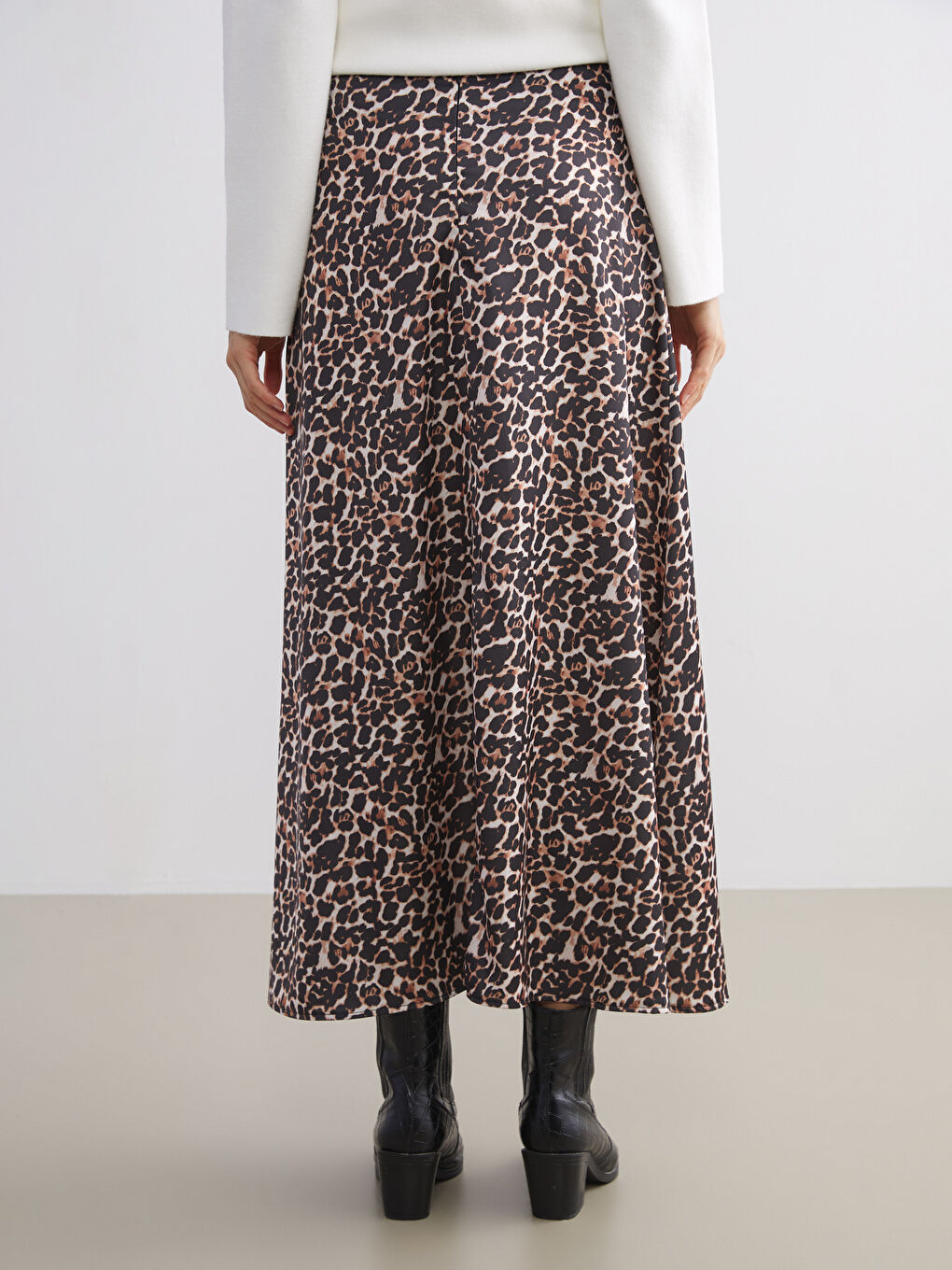 Kahverengi Beli Fermuarlı Leopar Desenli A Kesim Etek-3