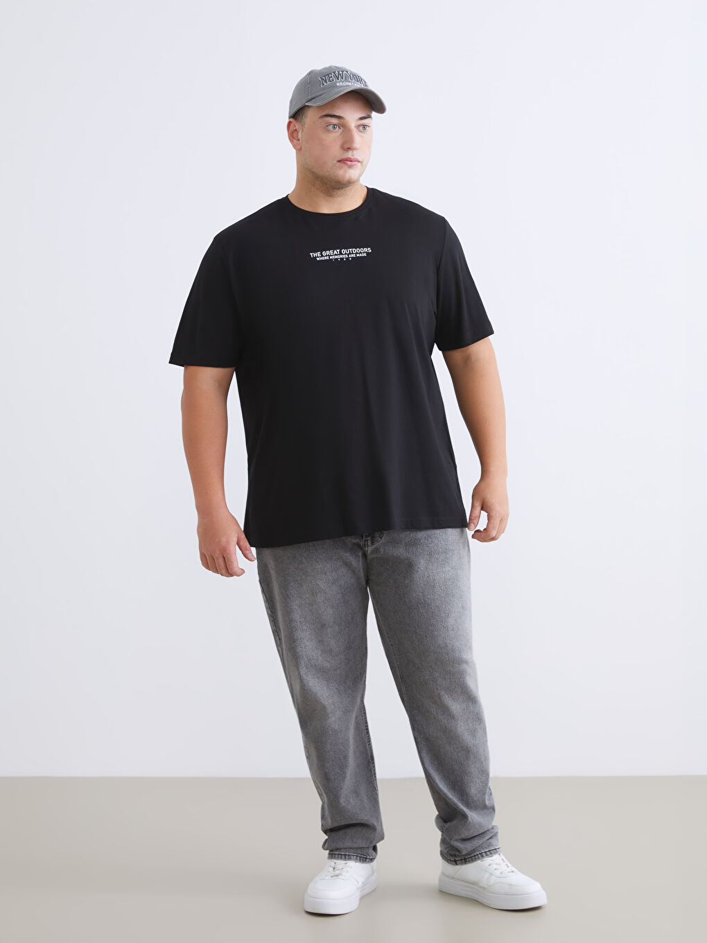 Siyah Büyük Beden Yazı Baskılı Penye Erkek Tişört-5