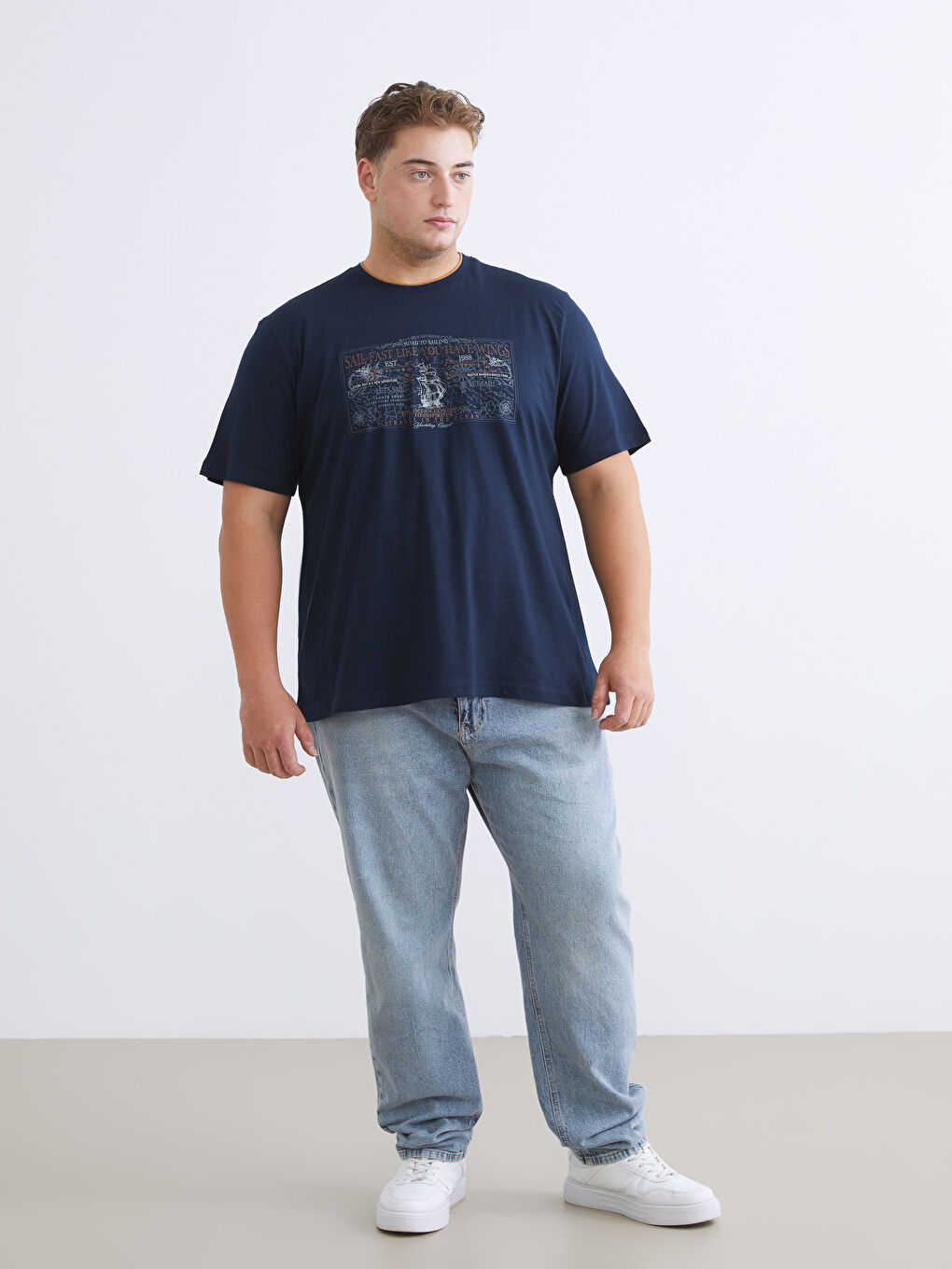 Lacivert Büyük Beden Baskılı Penye Erkek Tişört-5