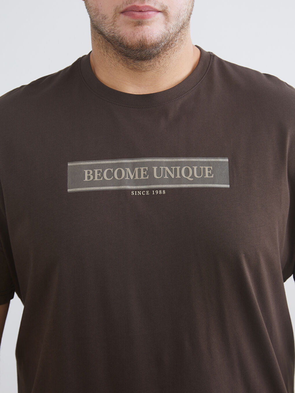 Kahverengi Büyük Beden Bisiklet Yaka Baskılı Erkek Tişört-2