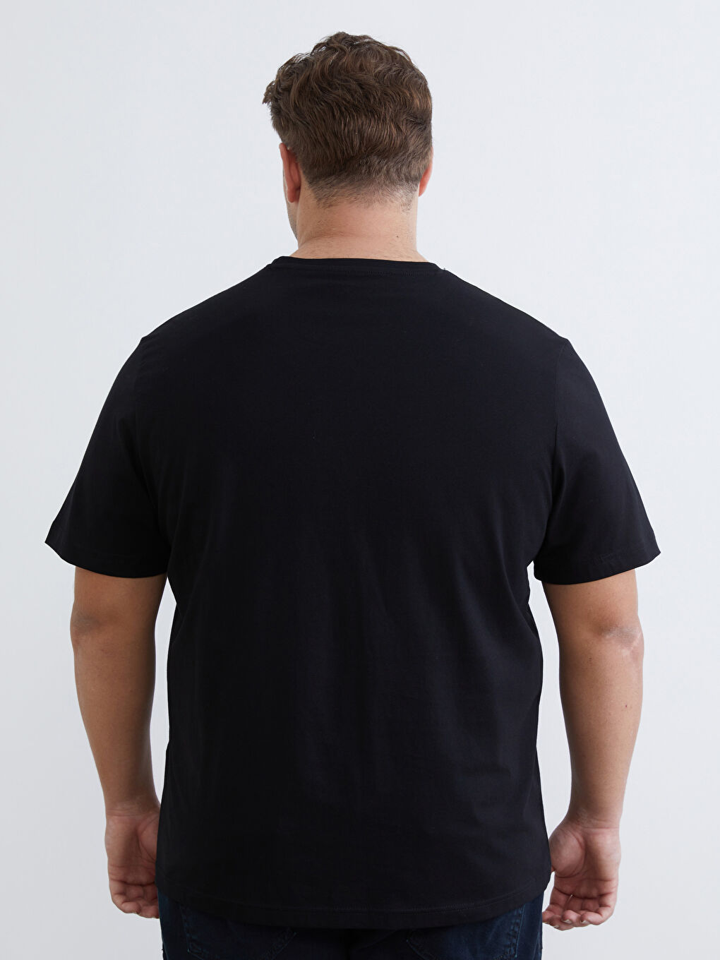 Siyah Büyük Beden Bisiklet Yaka Baskılı Erkek Tişört-3