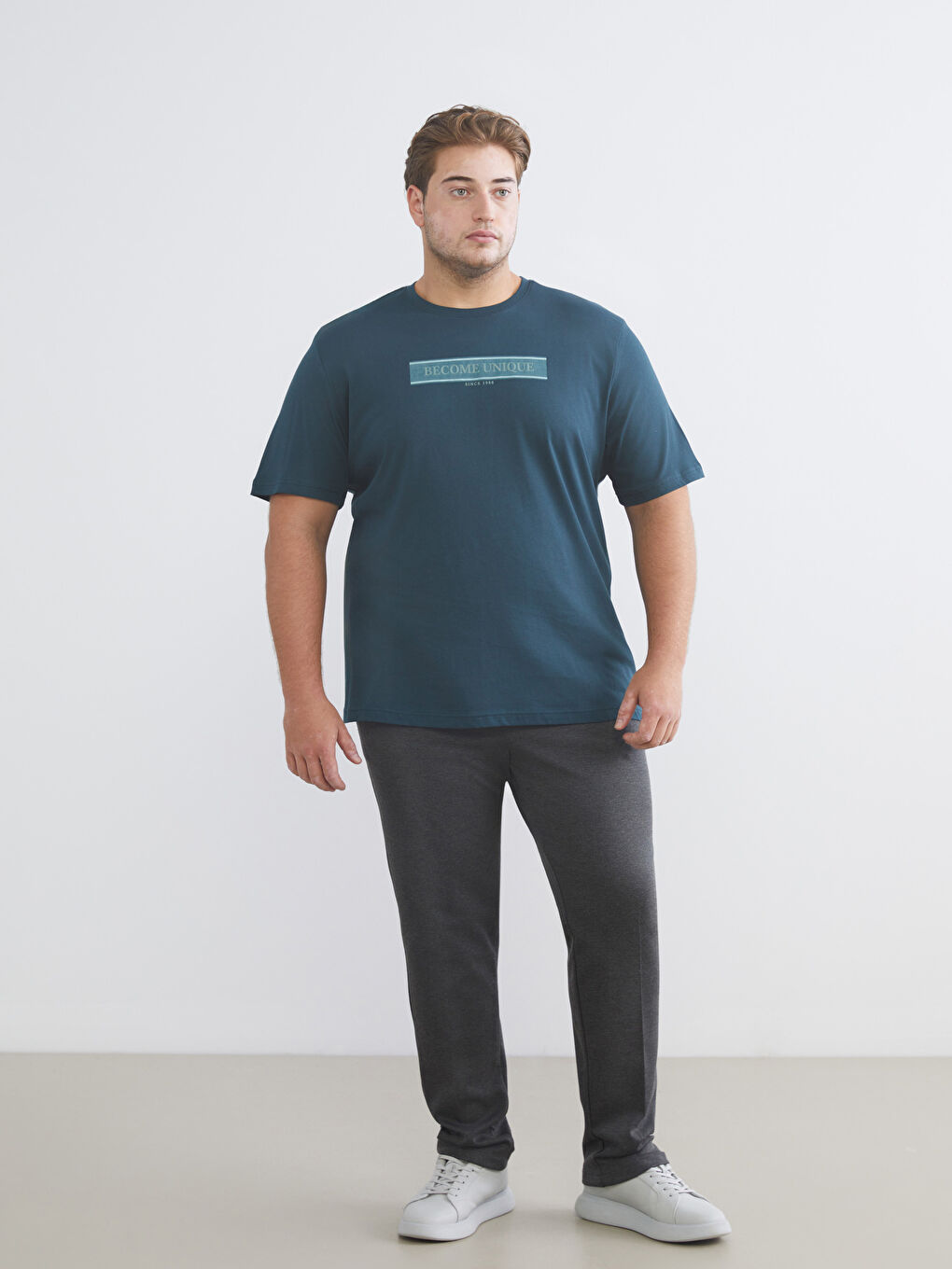 Petrol Büyük Beden Bisiklet Yaka Baskılı Erkek Tişört-1