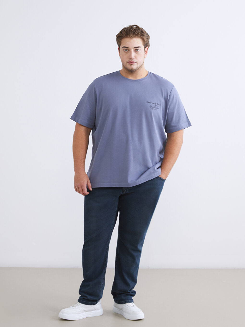İndigo Büyük Beden Baskılı Penye Erkek Tişört-1
