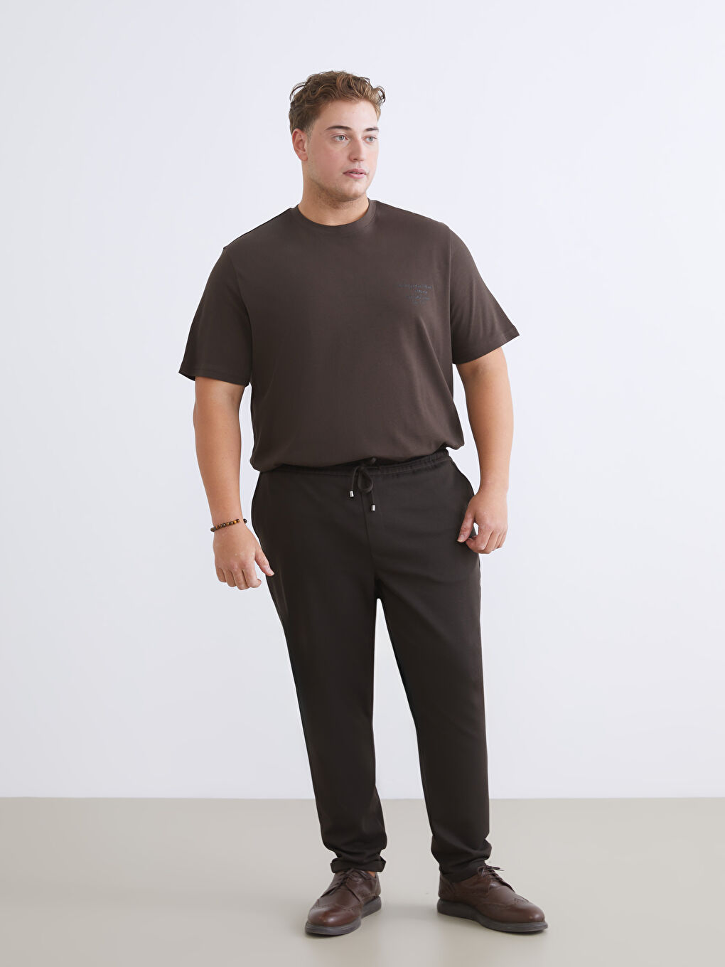 Kahverengi Büyük Beden Baskılı Penye Erkek Tişört-5