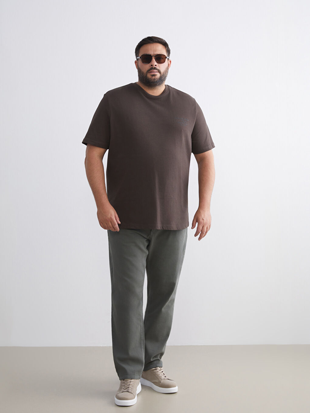 Kahverengi Büyük Beden Baskılı Penye Erkek Tişört-2
