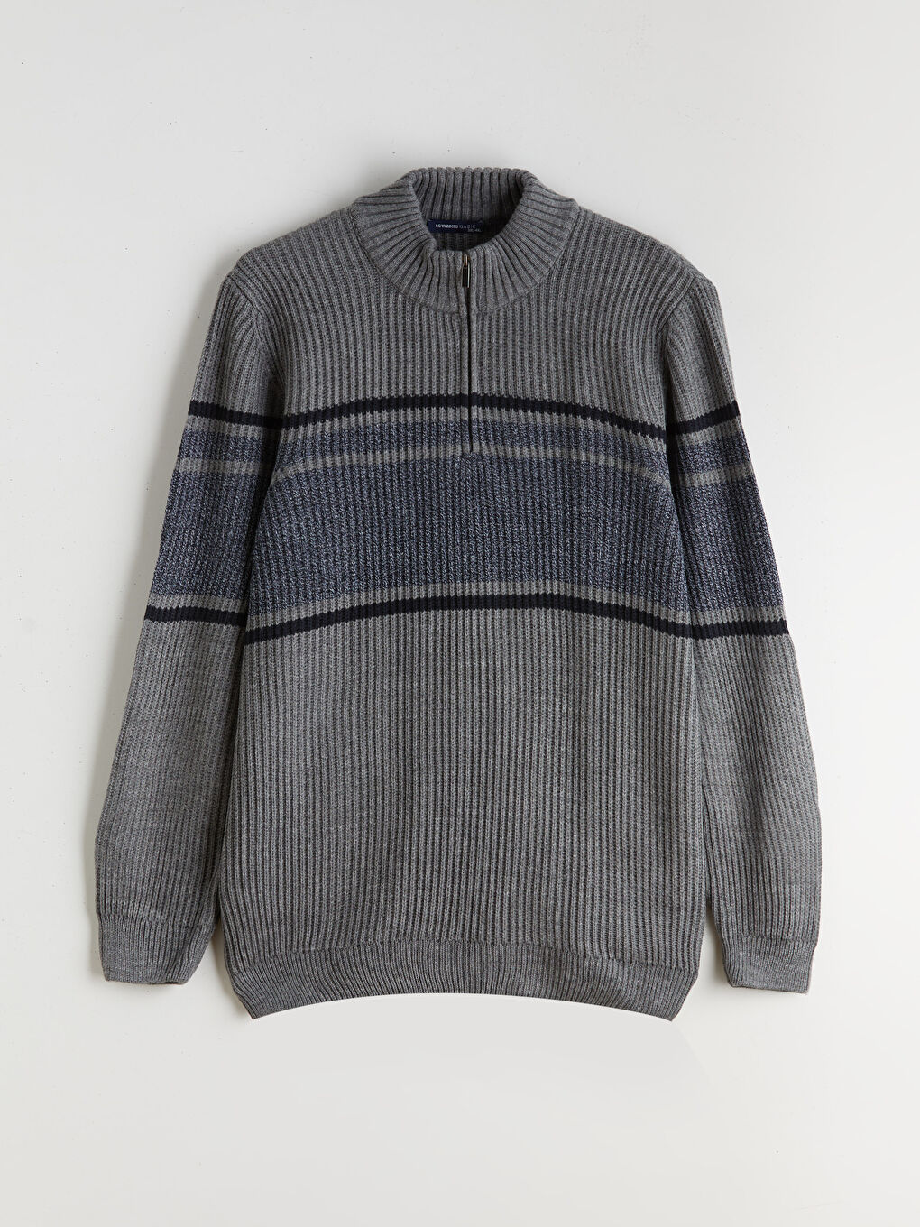 Gri Dik Yaka Çizgili Erkek Triko Kazak-4