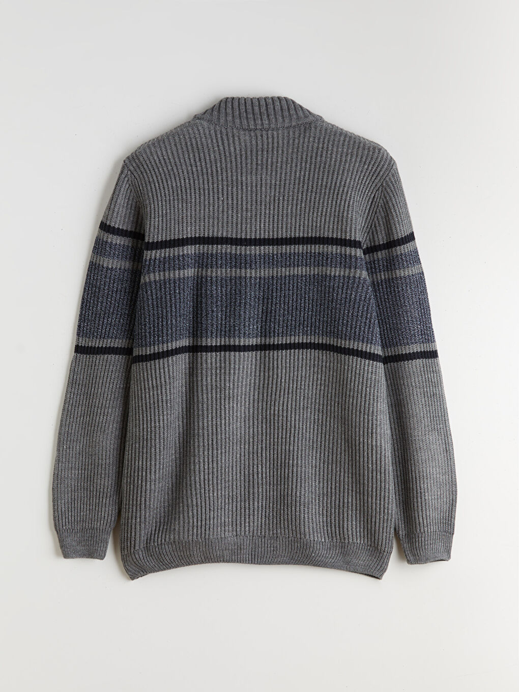 Gri Dik Yaka Çizgili Erkek Triko Kazak-5