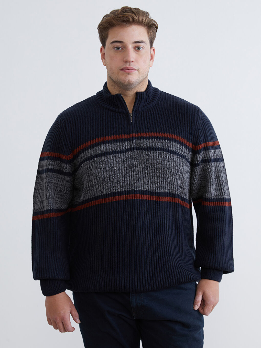 Lacivert Dik Yaka Çizgili Erkek Triko Kazak