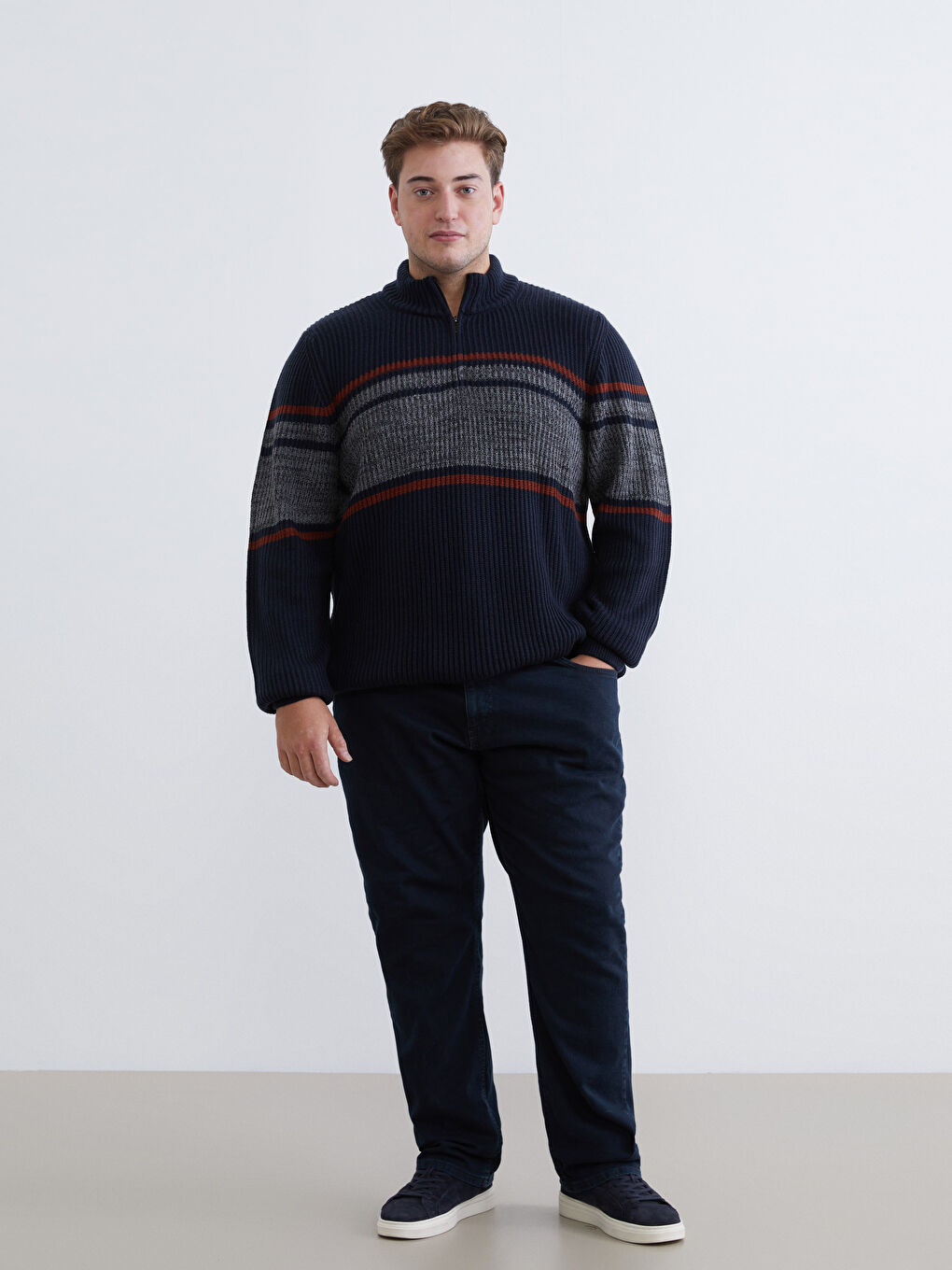 Lacivert Dik Yaka Çizgili Erkek Triko Kazak-1