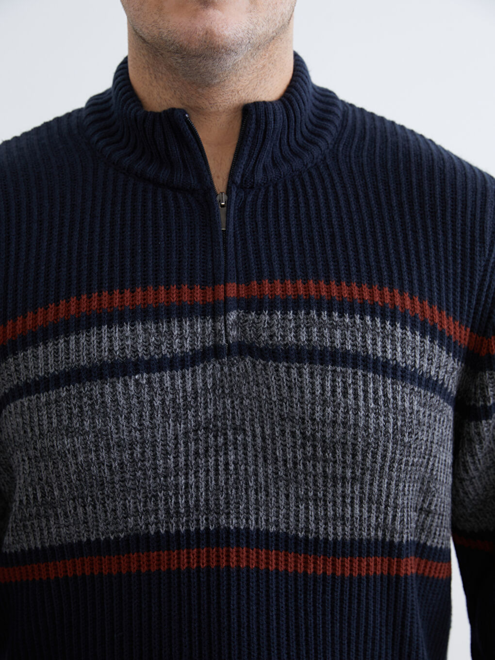 Lacivert Dik Yaka Çizgili Erkek Triko Kazak-2