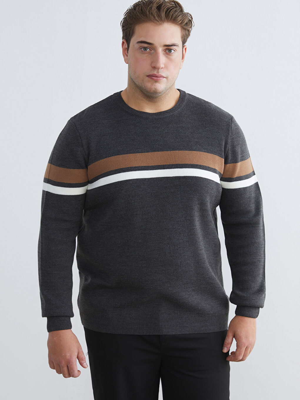 Antrasit Bisiklet Yaka Çizgili Erkek Triko Kazak