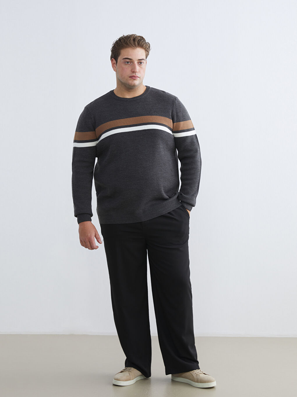 Antrasit Bisiklet Yaka Çizgili Erkek Triko Kazak-1