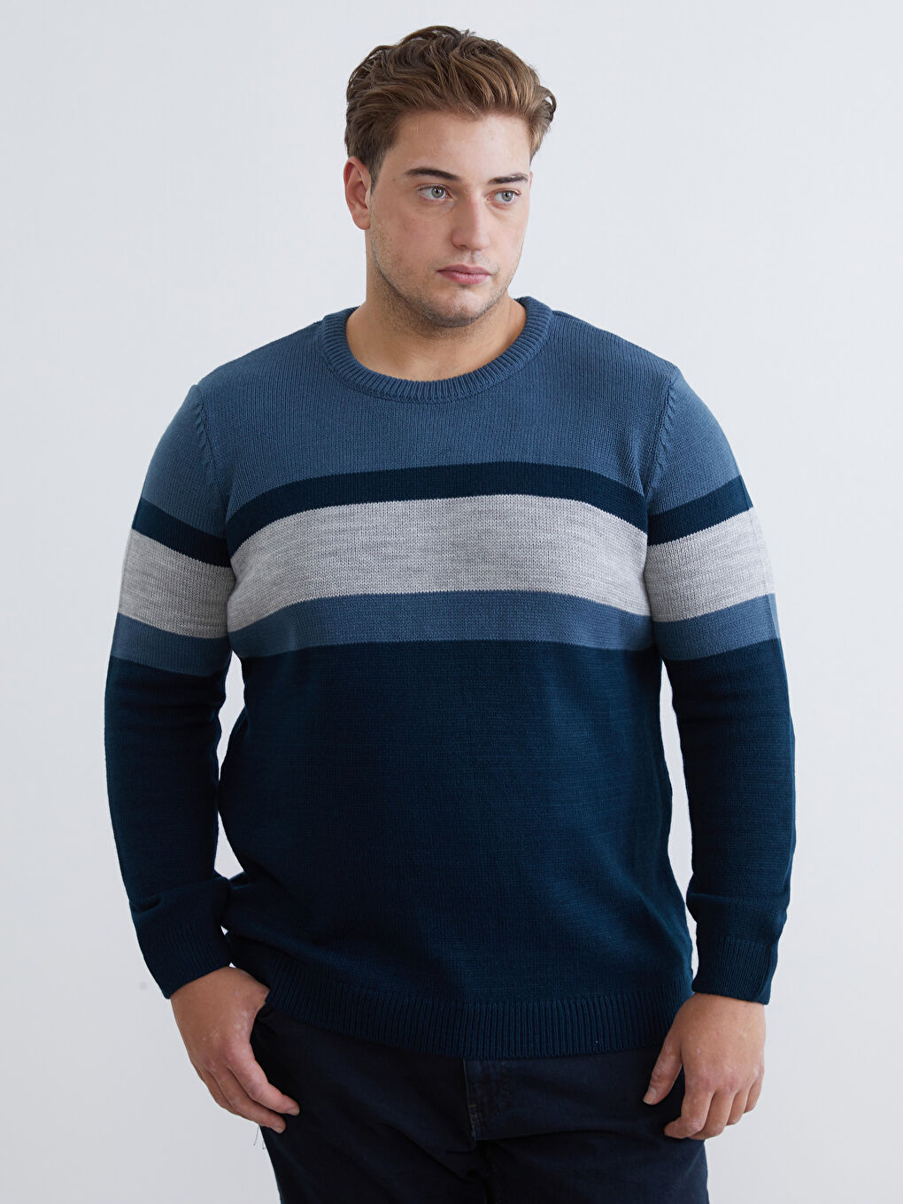 İndigo Bisiklet Yaka Renk Bloklu Erkek Triko Kazak