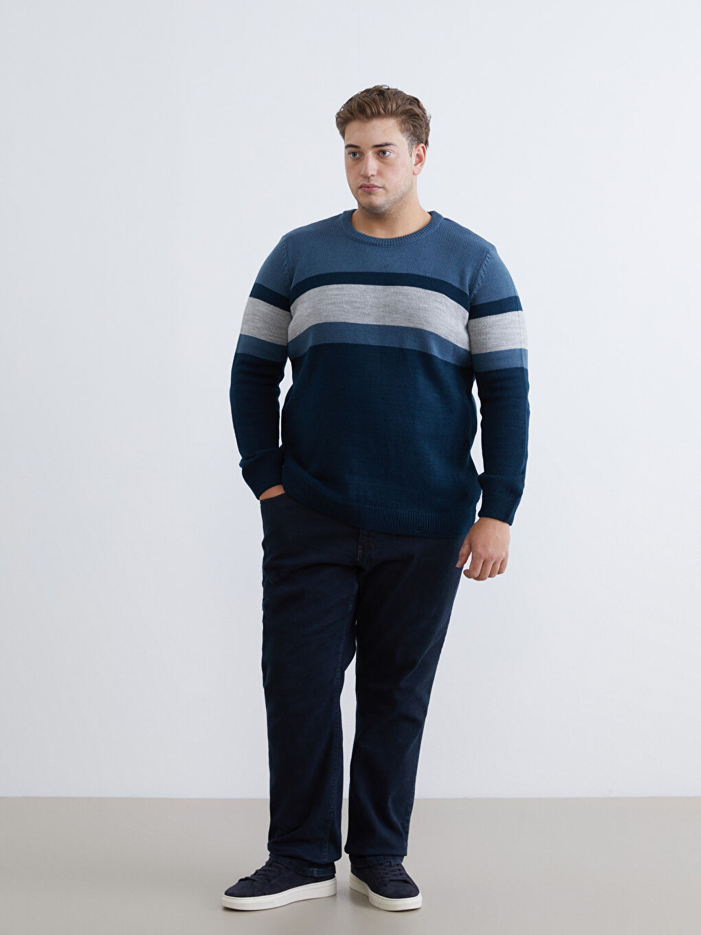 İndigo Bisiklet Yaka Renk Bloklu Erkek Triko Kazak-1