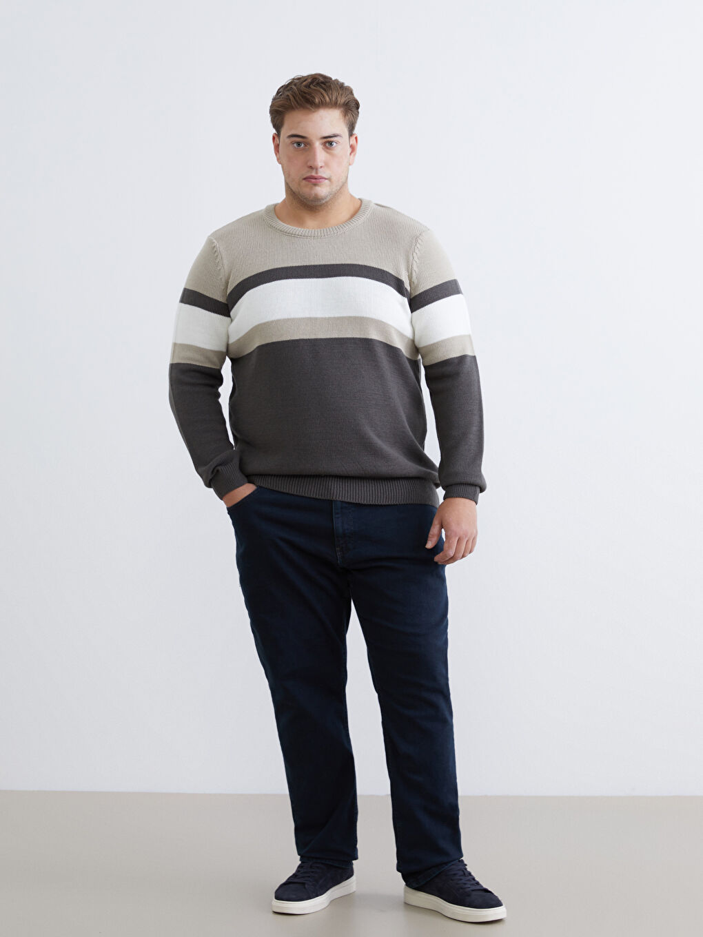 Haki Bisiklet Yaka Renk Bloklu Erkek Triko Kazak-1