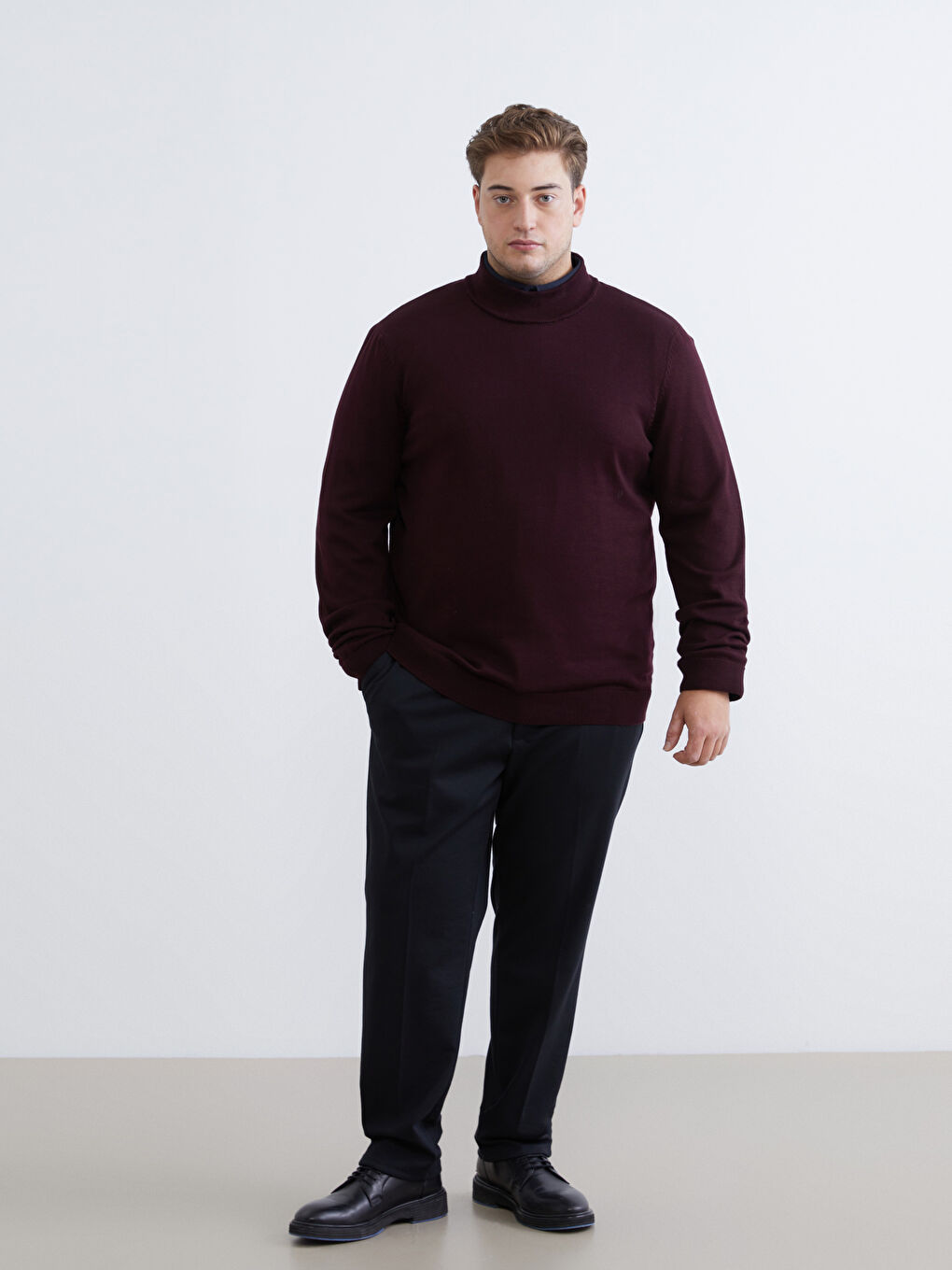 Bordo Büyük Beden Yarım Balıkçı Yaka Erkek Triko Kazak-1