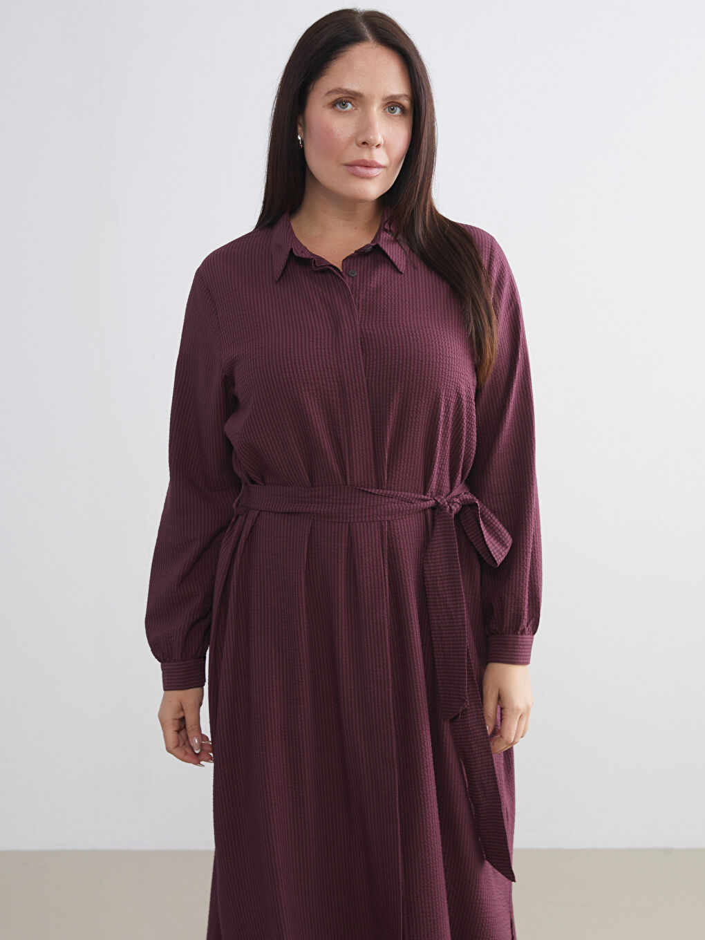 Bordo Kuşaklı Çizgili Gömlek Elbise-1