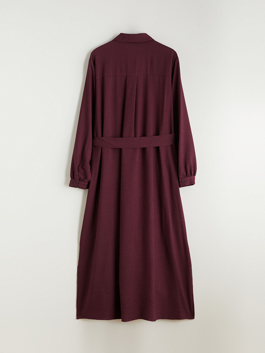 Bordo Kuşaklı Çizgili Gömlek Elbise-3