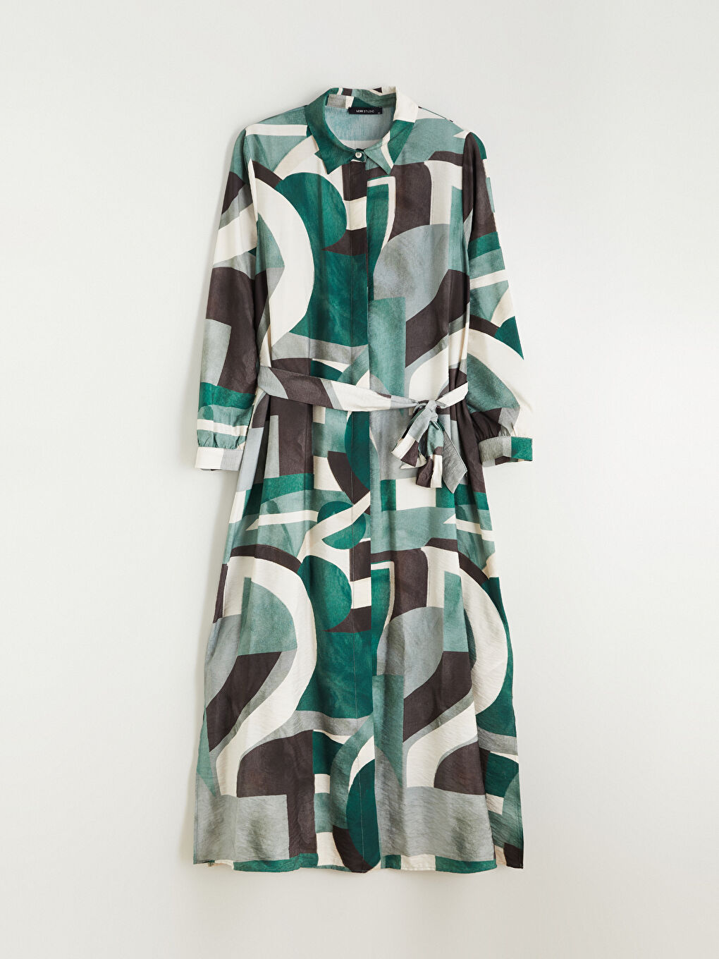 Yeşil Kuşaklı Desenli Gömlek Elbise-2