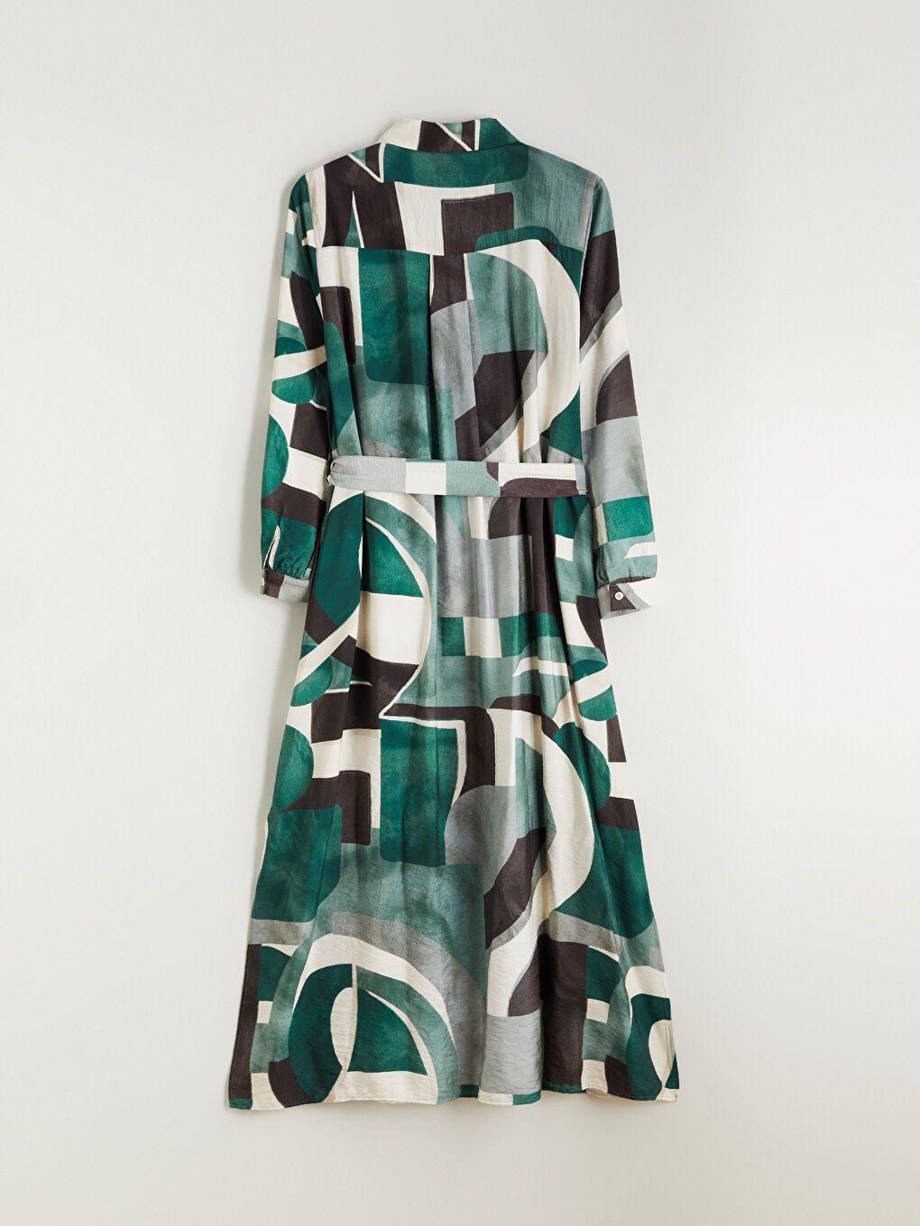 Yeşil Kuşaklı Desenli Gömlek Elbise-3