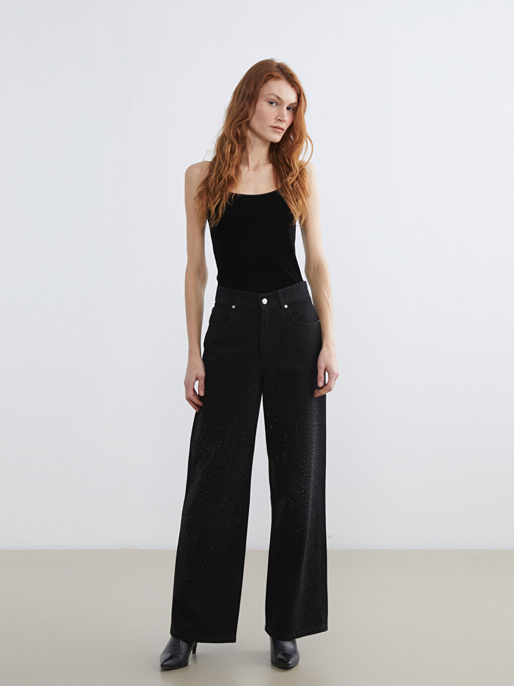 Siyah Wideleg Taşlı Kadın Jean Pantolon