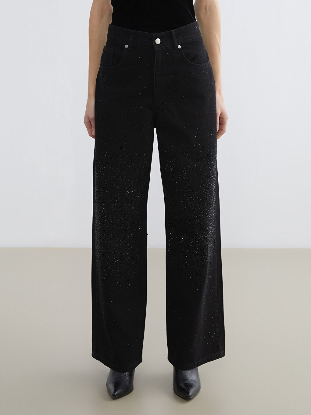 Siyah Wideleg Taşlı Kadın Jean Pantolon-1