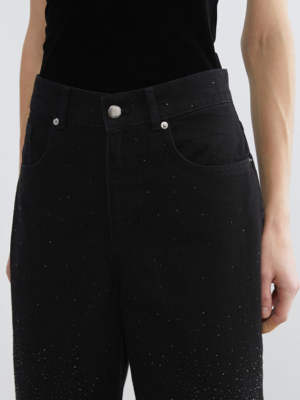 Siyah Wideleg Taşlı Kadın Jean Pantolon-2
