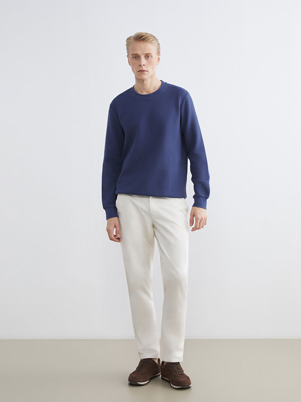 Lacivert Bisiklet Yaka Dokulu Erkek Sweatshirt-1