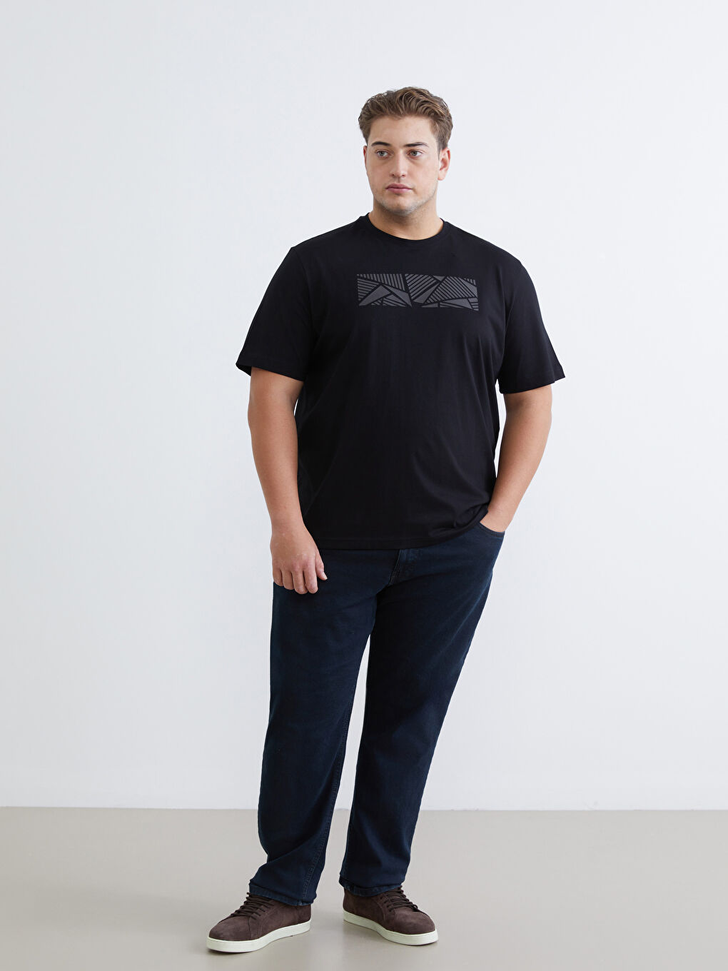 Siyah Büyük Beden Bisiklet Yaka Baskılı Erkek Tişört-1