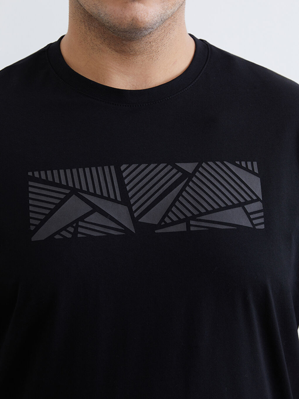 Siyah Büyük Beden Bisiklet Yaka Baskılı Erkek Tişört-2