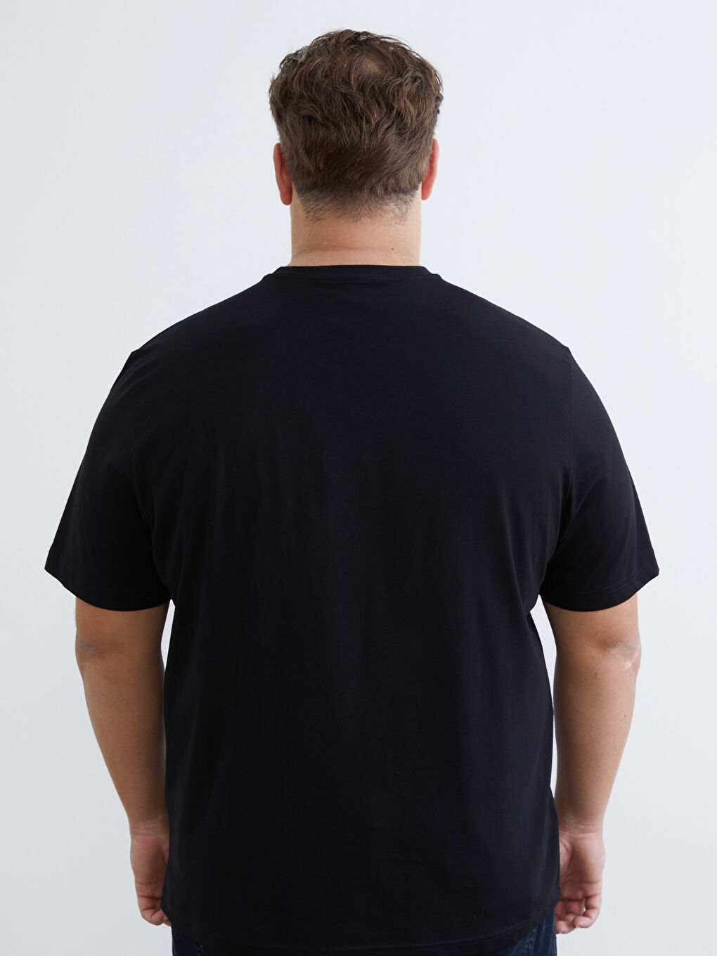 Siyah Büyük Beden Bisiklet Yaka Baskılı Erkek Tişört-3