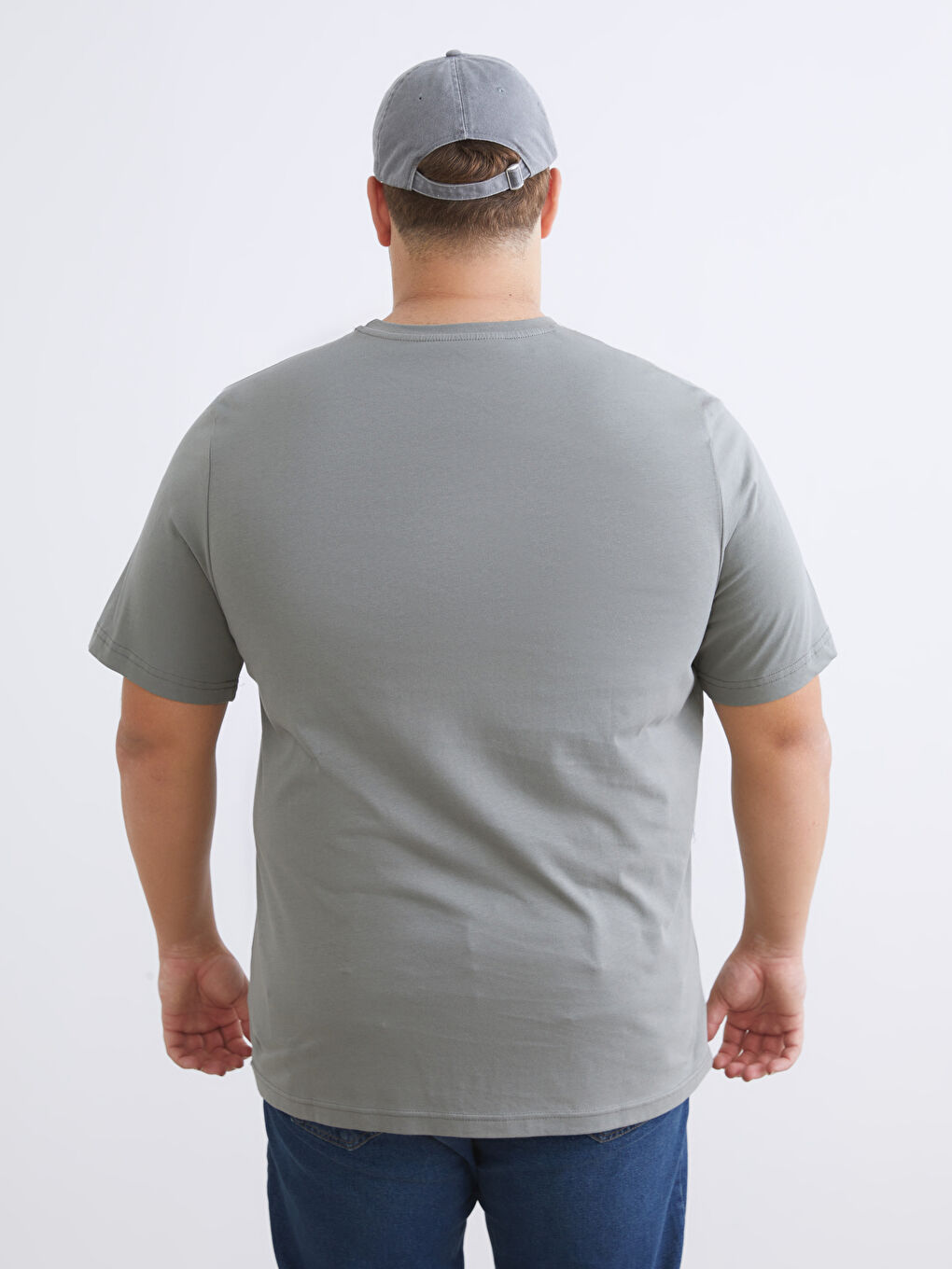 Gri Büyük Beden Bisiklet Yaka Baskılı Erkek Tişört-3