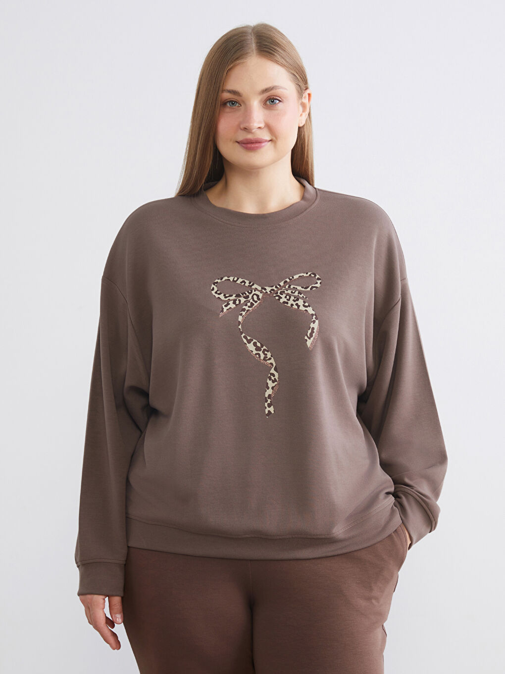 Kahverengi Baskılı Oversize Kadın Sweatshirt Tunik