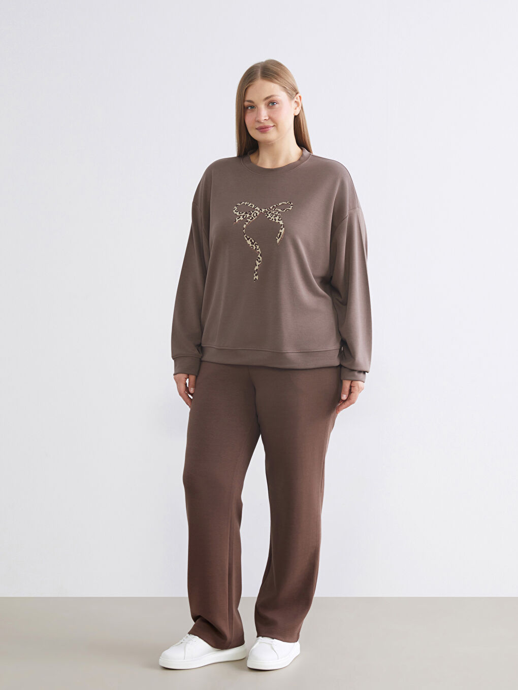 Kahverengi Baskılı Oversize Kadın Sweatshirt Tunik-3