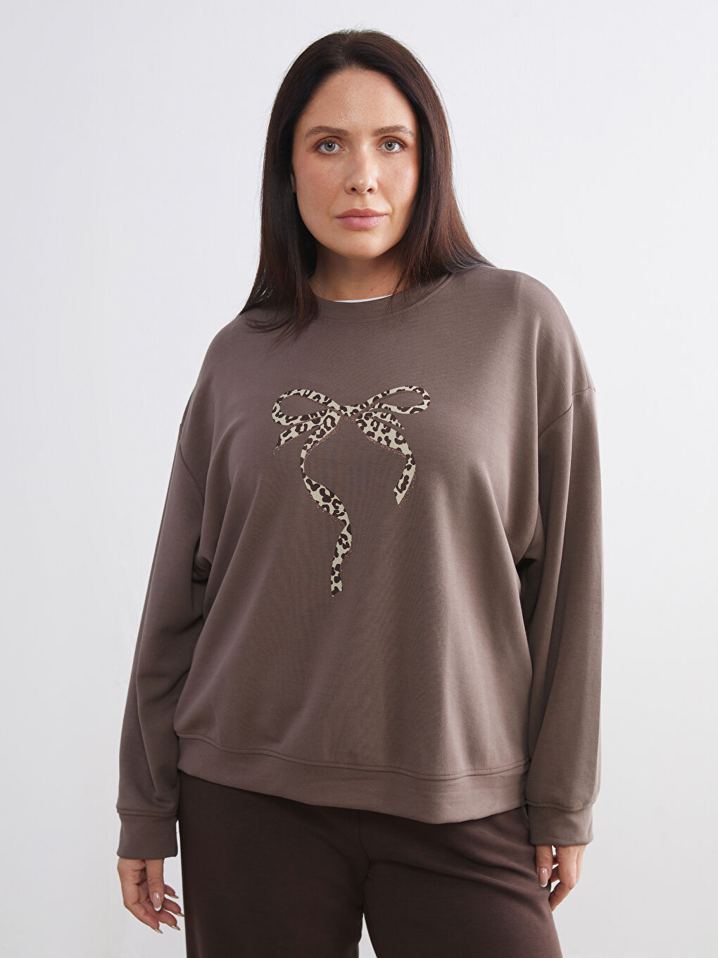 Kahverengi Baskılı Oversize Kadın Sweatshirt Tunik-1