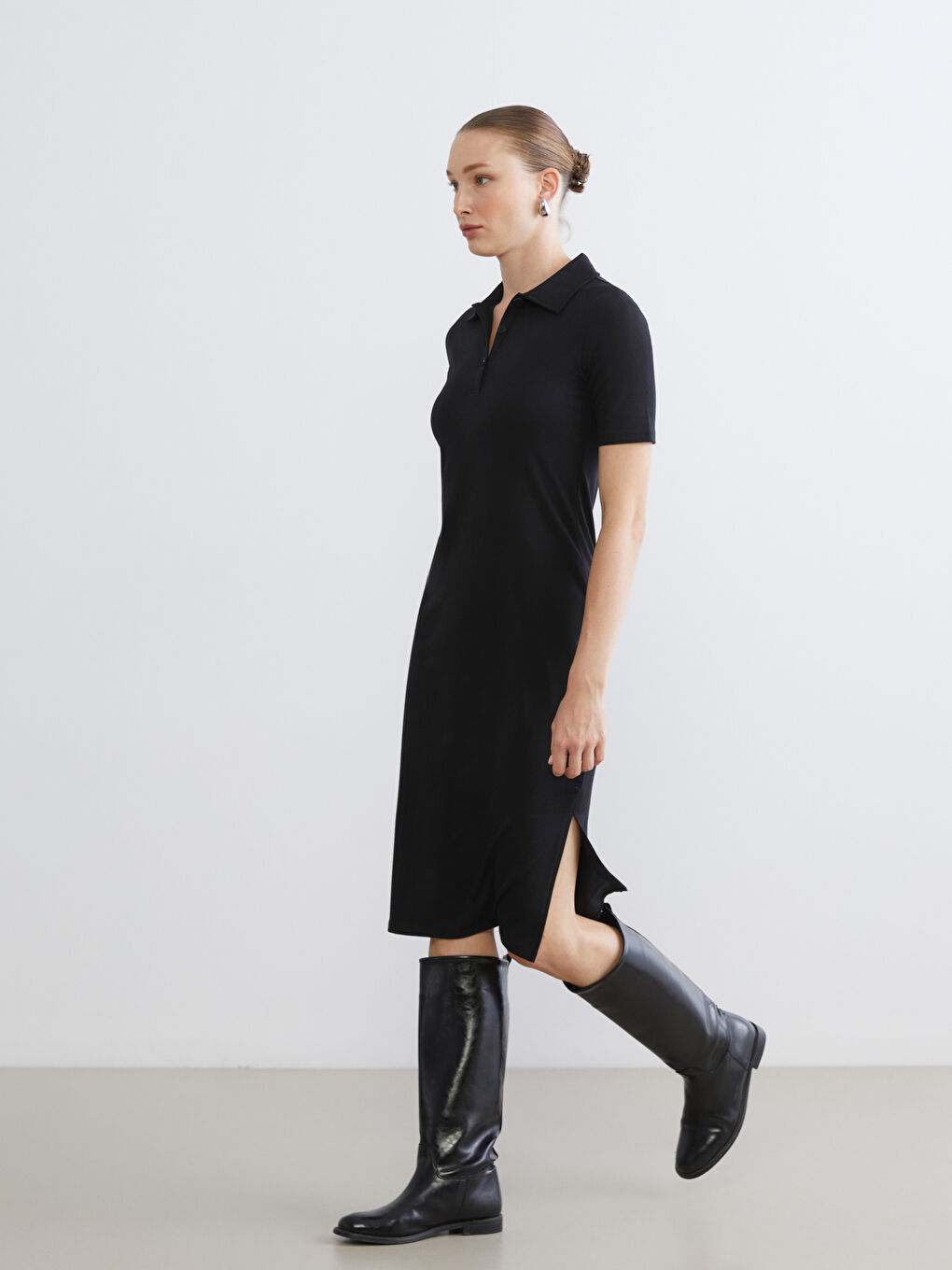 Siyah Polo Yaka A Kesim Modal Karışımlı Elbise