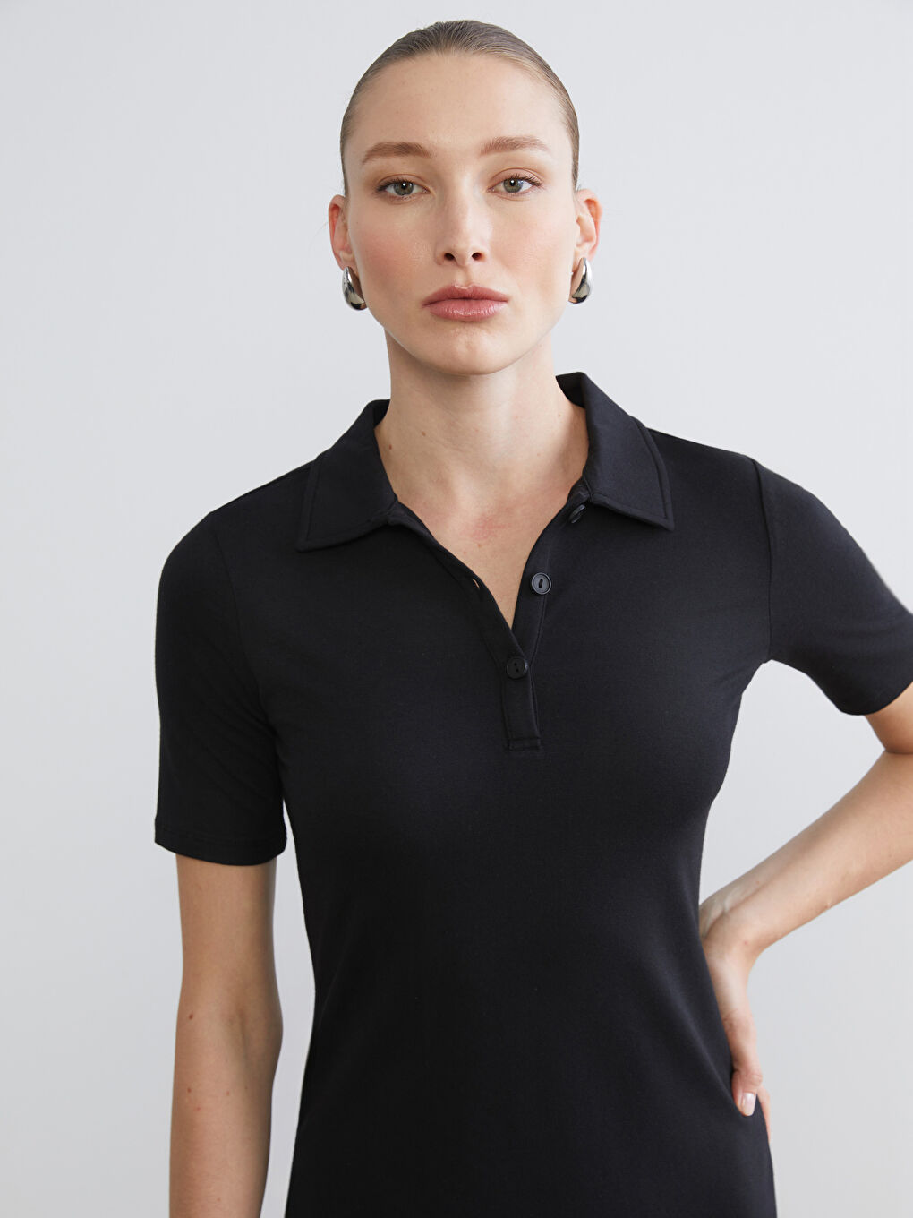 Siyah Polo Yaka A Kesim Modal Karışımlı Elbise-1