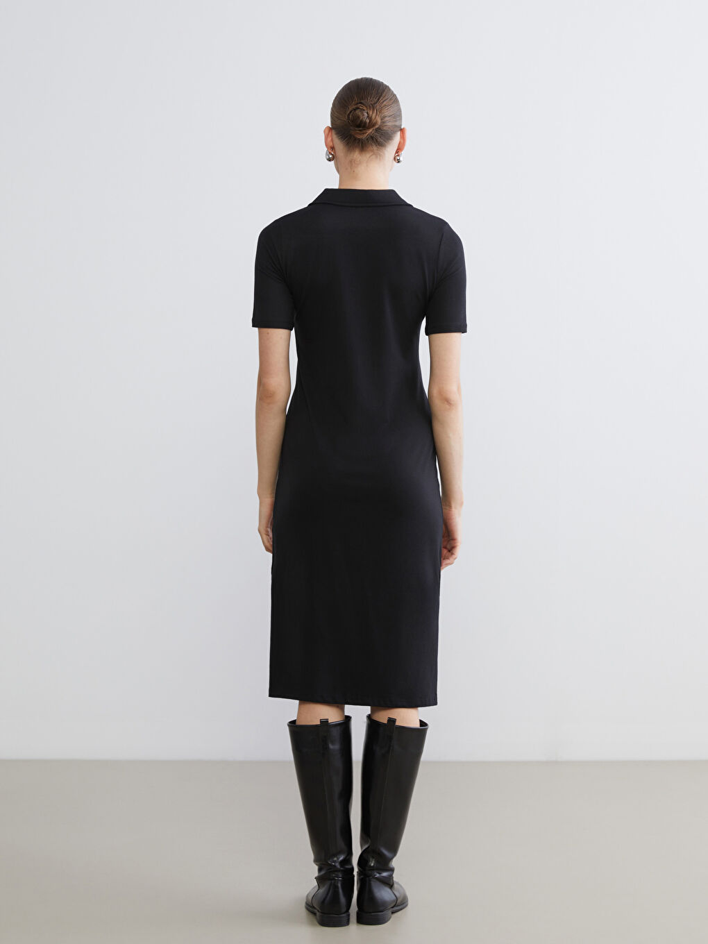 Siyah Polo Yaka A Kesim Modal Karışımlı Elbise-3