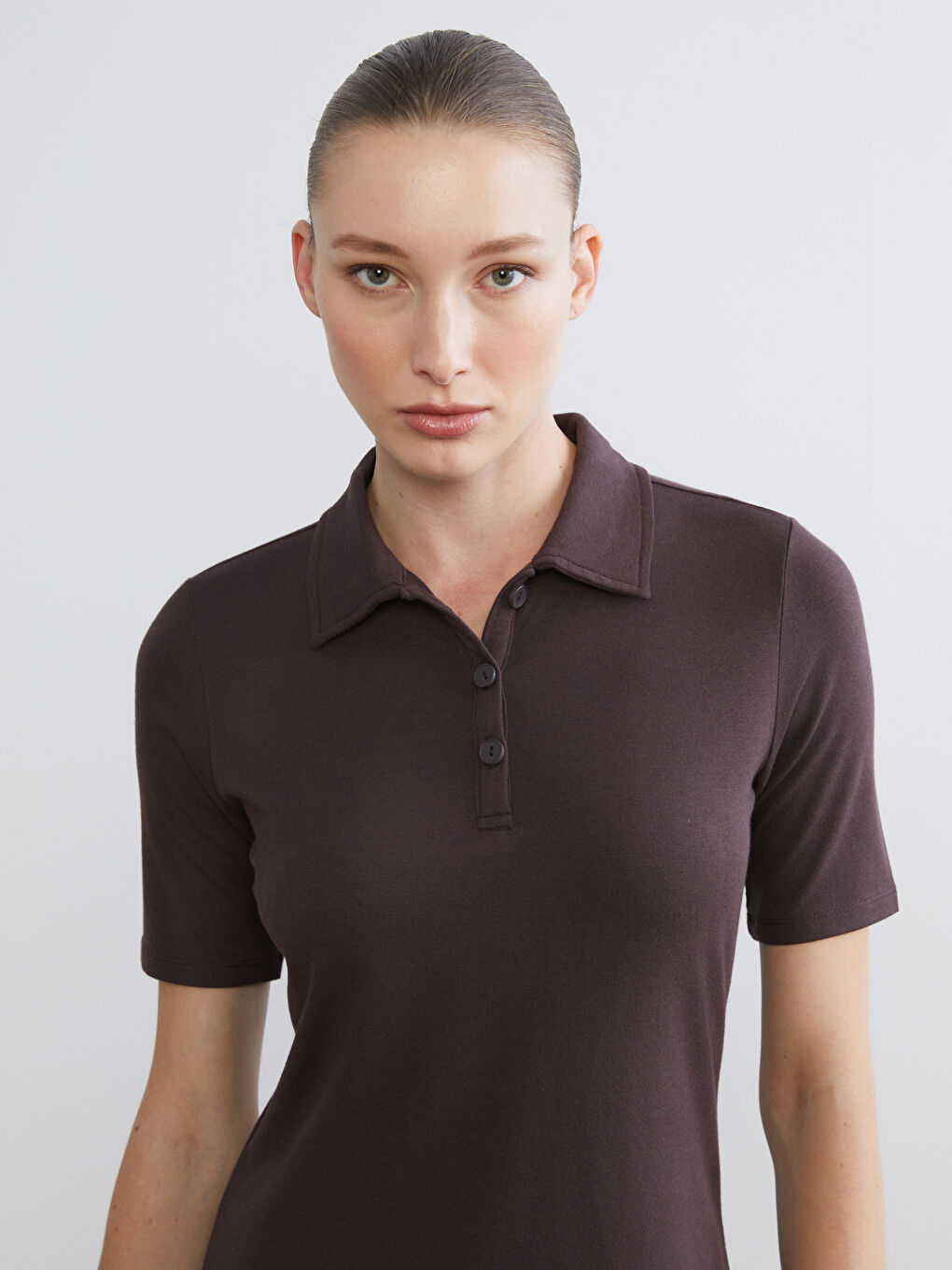 Kahverengi Polo Yaka A Kesim Modal Karışımlı Elbise-1