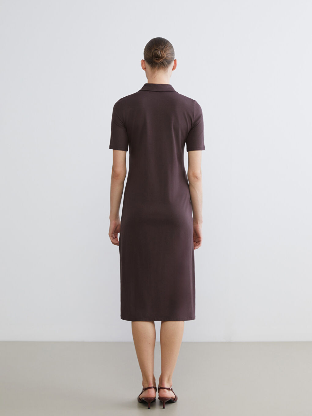 Kahverengi Polo Yaka A Kesim Modal Karışımlı Elbise-3