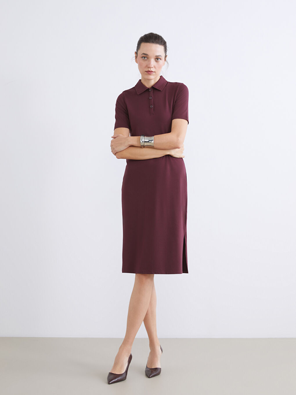 Bordo Polo Yaka A Kesim Modal Karışımlı Elbise