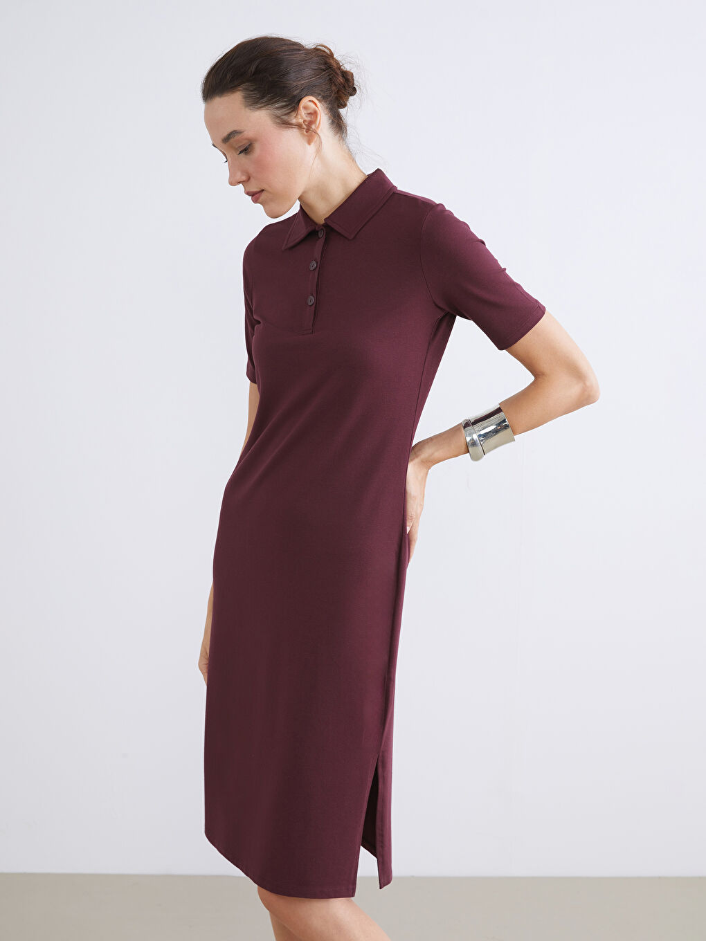 Bordo Polo Yaka A Kesim Modal Karışımlı Elbise-1